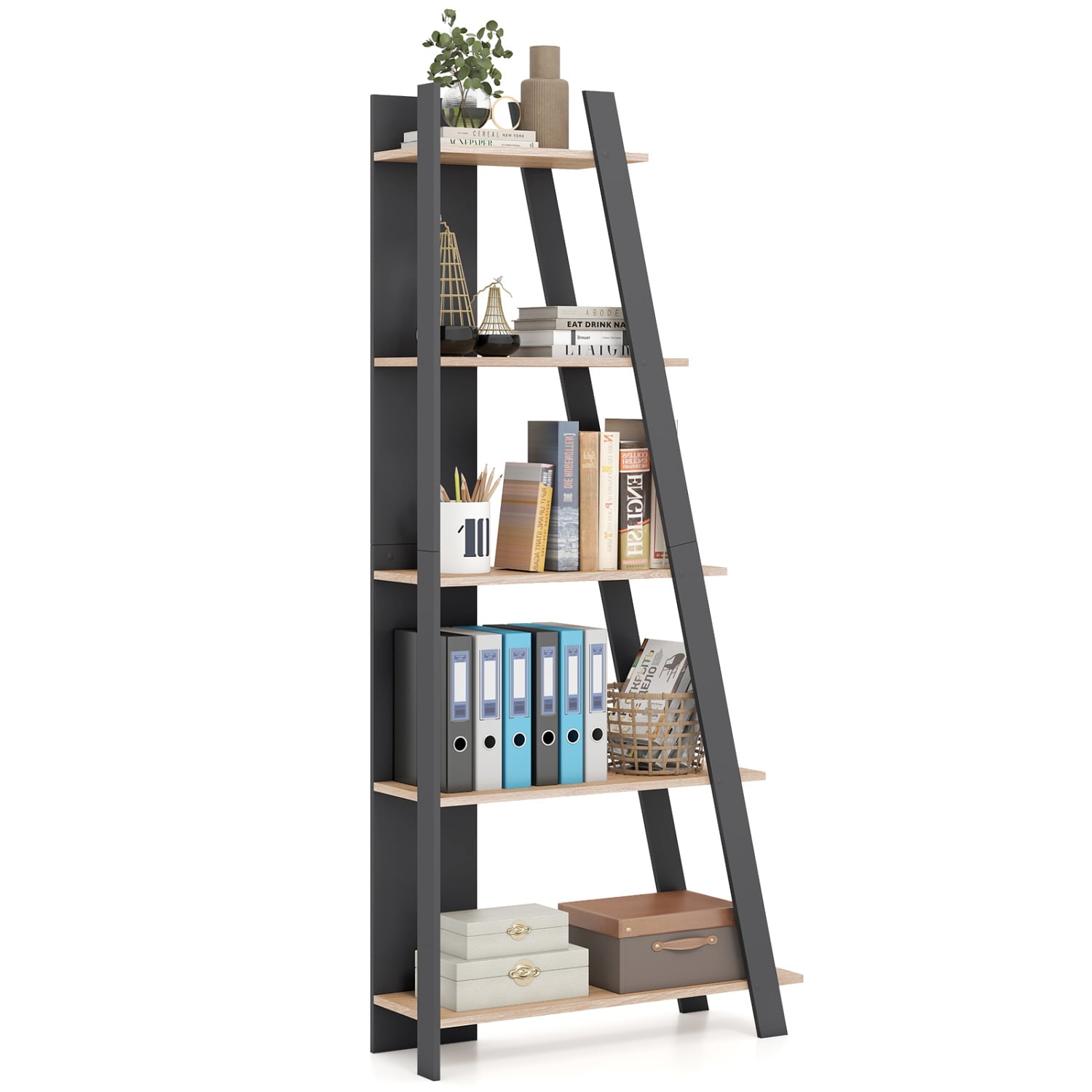 5-Tier Modern Bookshelf Narrow Vertical Display Shelf for Small Space, Gray Bookcases Gray at Gallery Canada