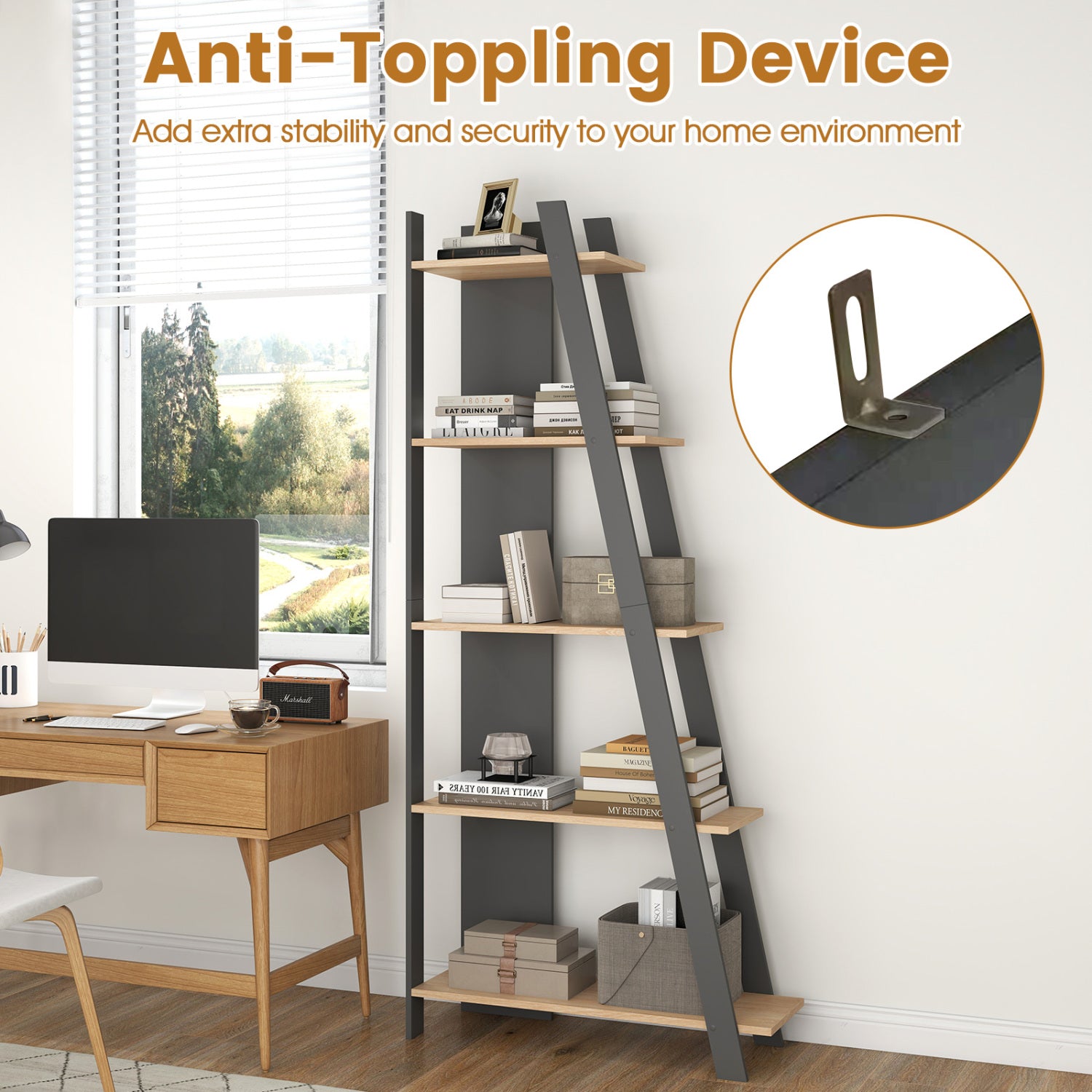 5-Tier Modern Bookshelf Narrow Vertical Display Shelf for Small Space, Gray Bookcases at Gallery Canada