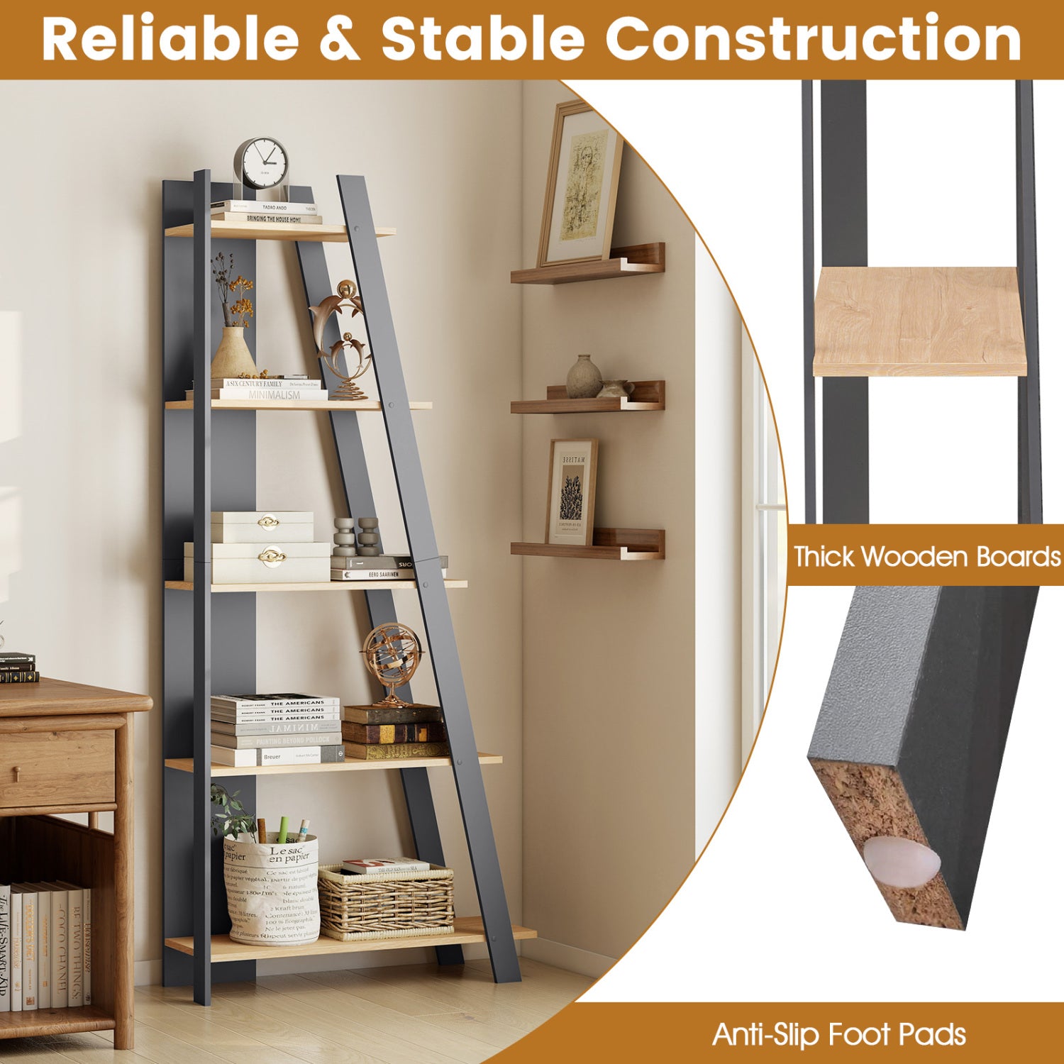 5-Tier Modern Bookshelf Narrow Vertical Display Shelf for Small Space, Gray Bookcases at Gallery Canada