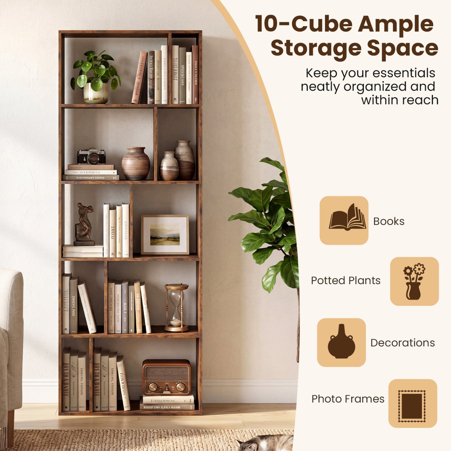 5-Tier Modern Bookshelf with Open Back and 2 Anti-Tipping Kits, Brown Bookcases at Gallery Canada