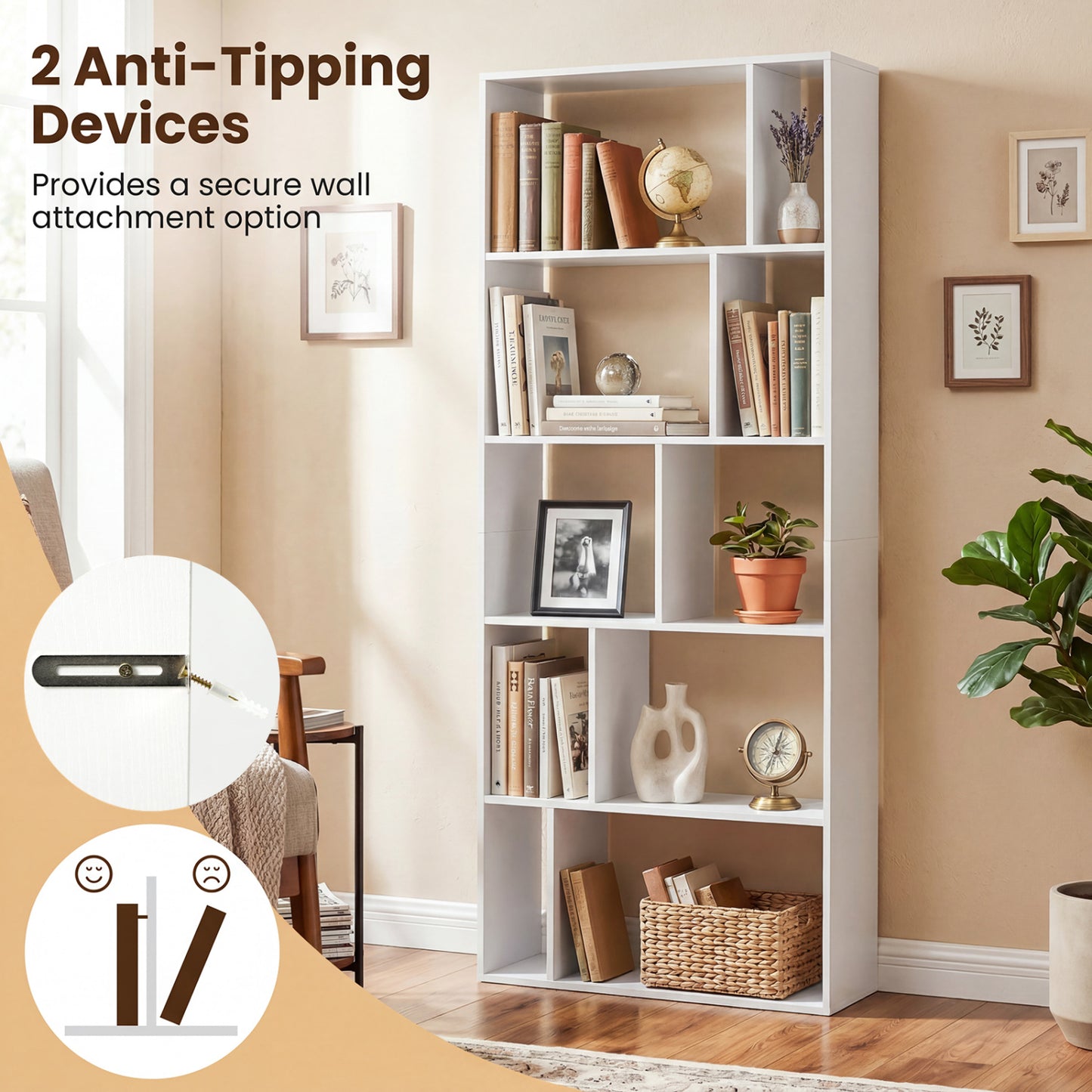 5-Tier Modern Bookshelf with Open Back and 2 Anti-Tipping Kits, White Bookcases at Gallery Canada