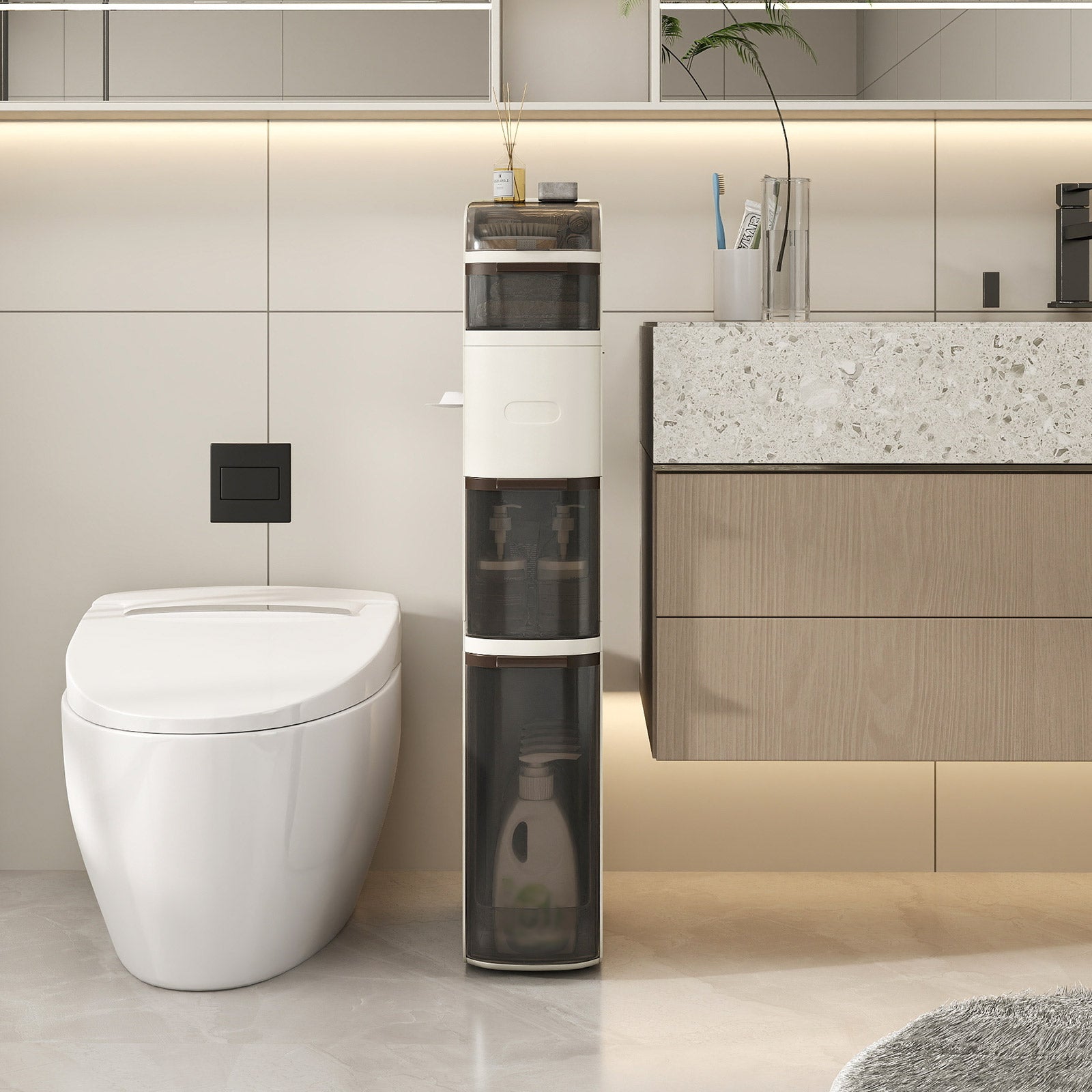 5-Tier Narrow Bathroom Storage Cabinet With Drawers And Tissue Box Floor Cabinets at Gallery Canada