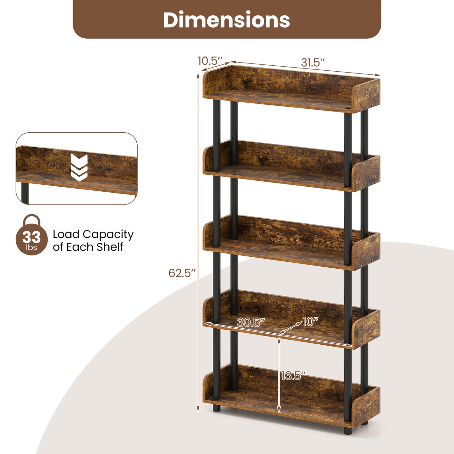 5-Tier Open Bookcase, Rustic Brown Bookcases at Gallery Canada