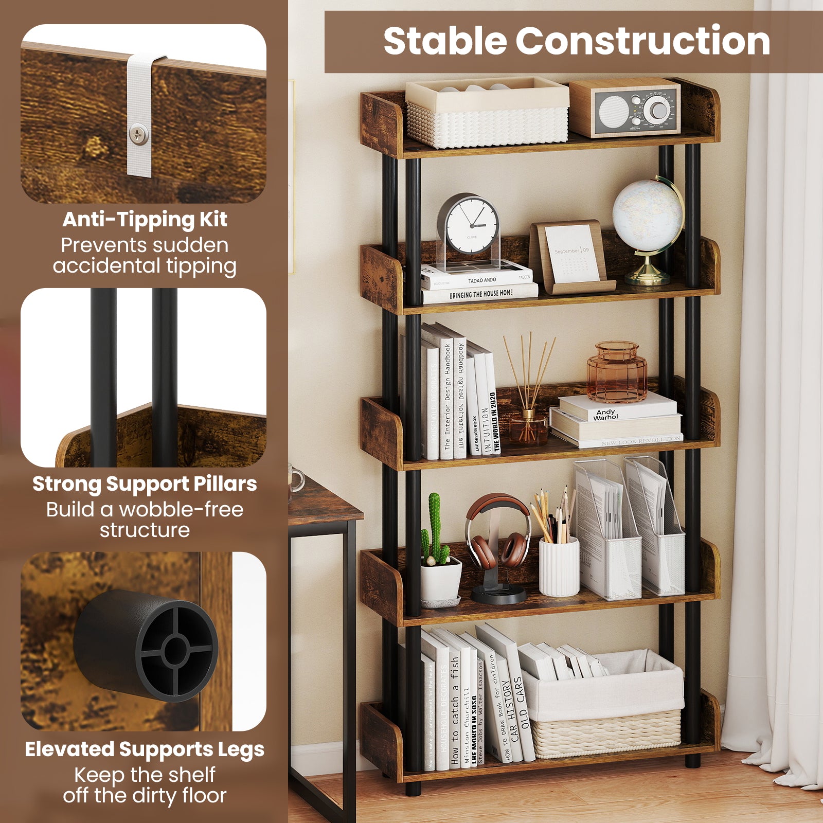 5-Tier Open Bookcase, Rustic Brown Bookcases at Gallery Canada