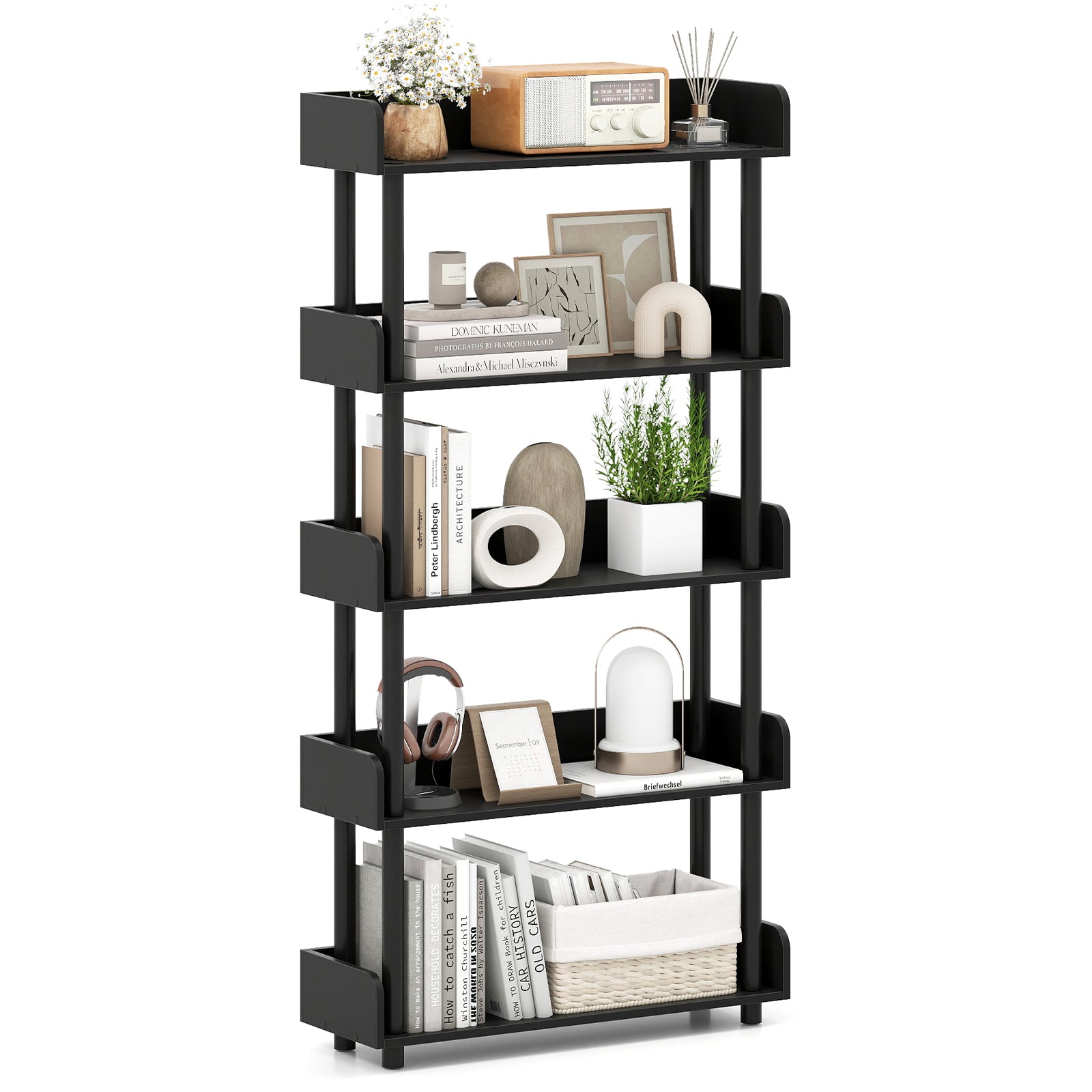 5-Tier Open Bookcase with Industrial Storage, Black Bookcases Black at Gallery Canada