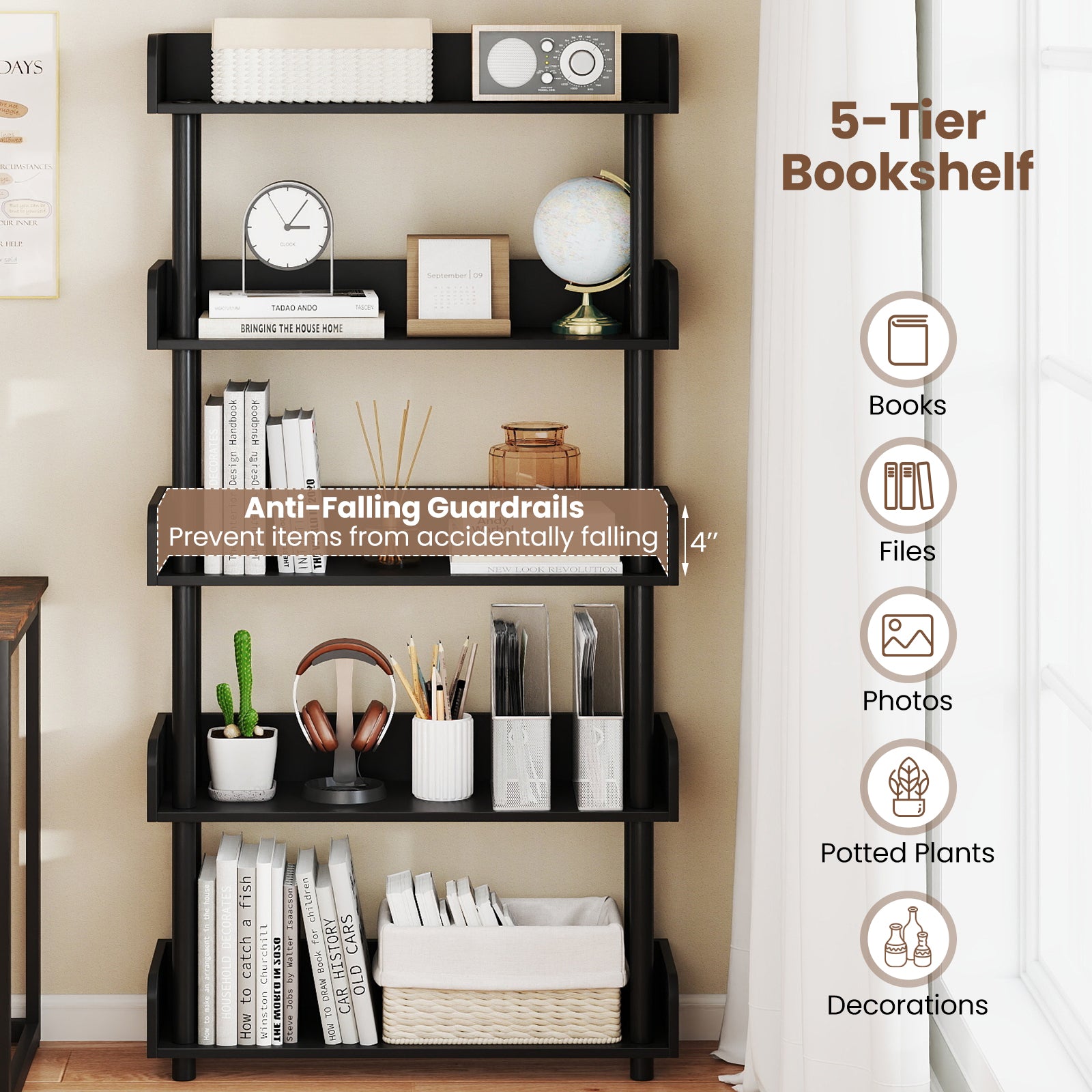 5-Tier Open Bookcase with Industrial Storage, Black Bookcases at Gallery Canada