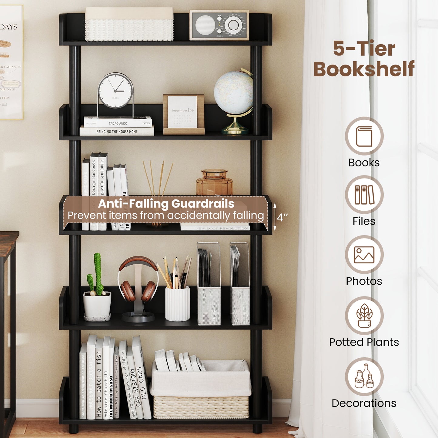 5-Tier Open Bookcase with Industrial Storage, Black Bookcases at Gallery Canada