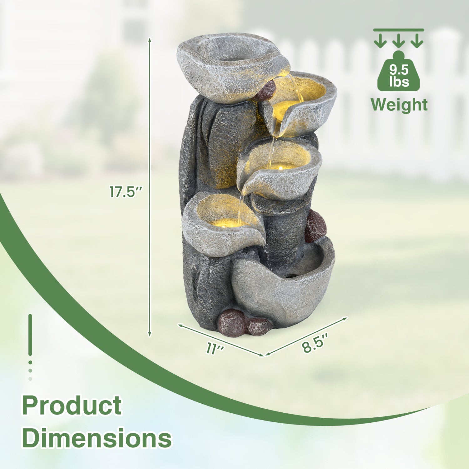 5-Tier Outdoor Water Fountain With LED Lights, 17.5 Inch H, Gray Outdoor Decor at Gallery Canada