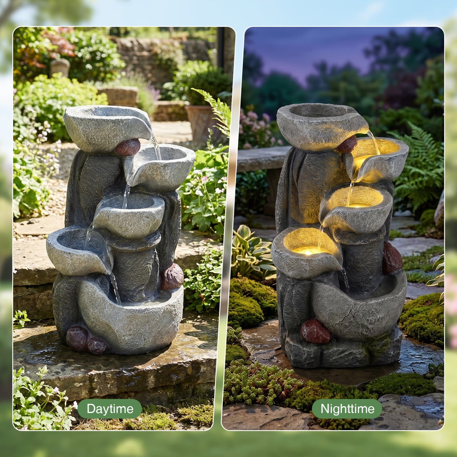 5-Tier Outdoor Water Fountain With LED Lights, 17.5 Inch H, Gray Outdoor Decor at Gallery Canada