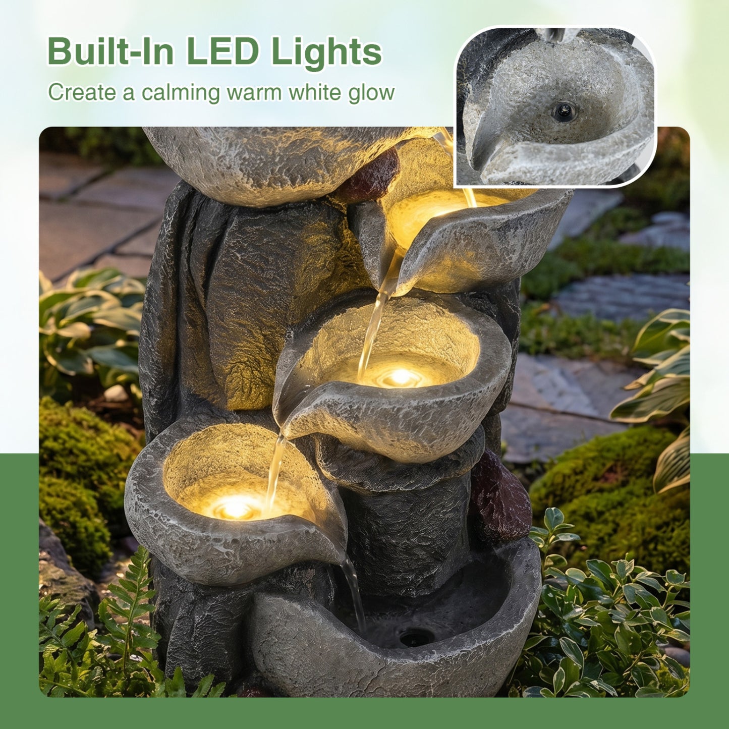 5-Tier Outdoor Water Fountain With LED Lights, 17.5 Inch H, Gray Outdoor Decor at Gallery Canada