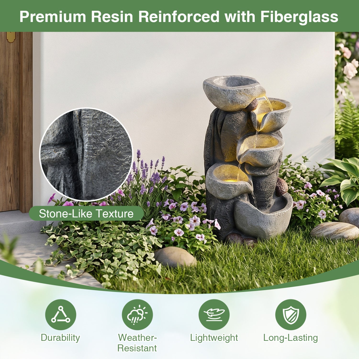 5-Tier Outdoor Water Fountain With LED Lights, 17.5 Inch H, Gray Outdoor Decor at Gallery Canada