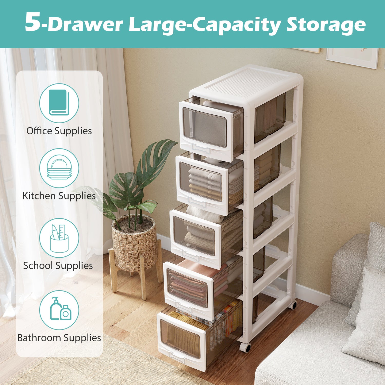 5-Tier Plastic Drawer Storage Organizer, Rolling Cart, Lockable Wheels File Cabinets at Gallery Canada