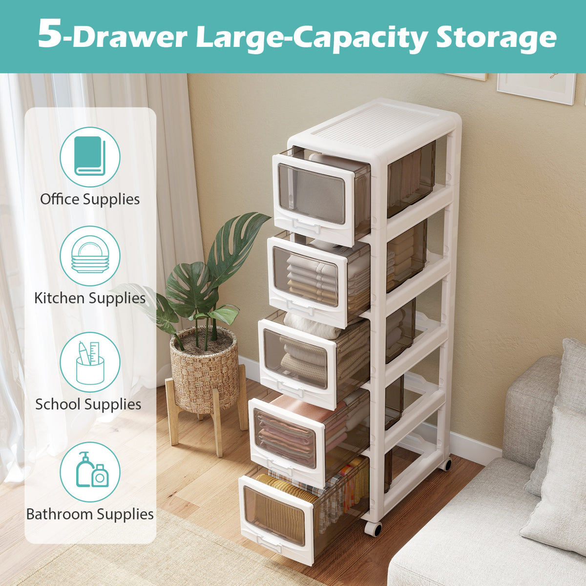 5-Tier Plastic Drawer Storage Organizer, Rolling Cart, Lockable Wheels File Cabinets at Gallery Canada