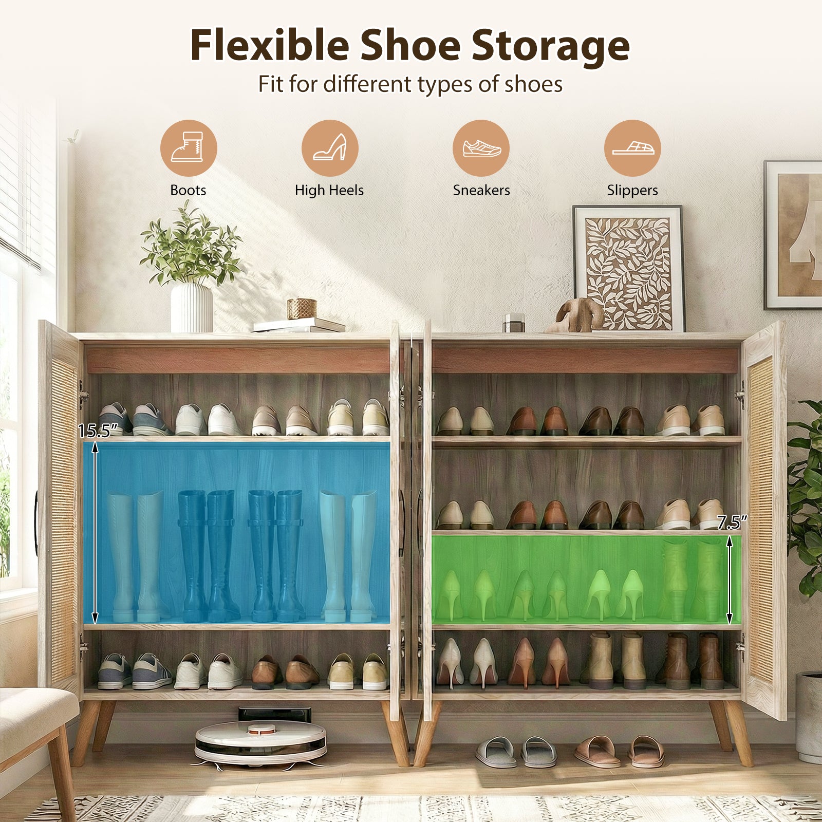 5-Tier Rattan Shoe Cabinewith 3 Removable Shelves, Natural Shoe Racks & Storage Benches at Gallery Canada