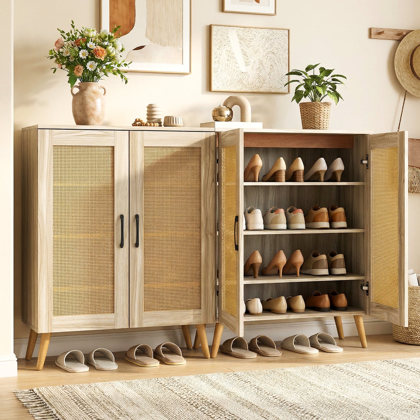 5-Tier Rattan Shoe Cabinewith 3 Removable Shelves, Natural Shoe Racks & Storage Benches at Gallery Canada