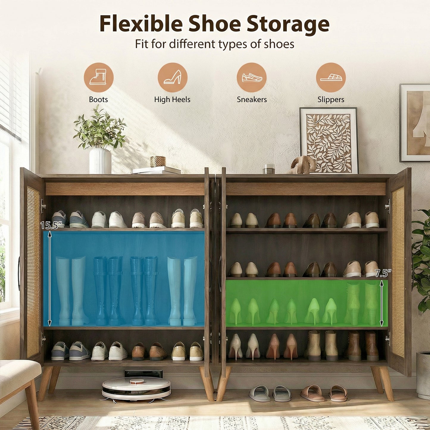 5-Tier Rattan Shoe Cabinewith 3 Removable Shelves, Walnut Shoe Racks & Storage Benches at Gallery Canada