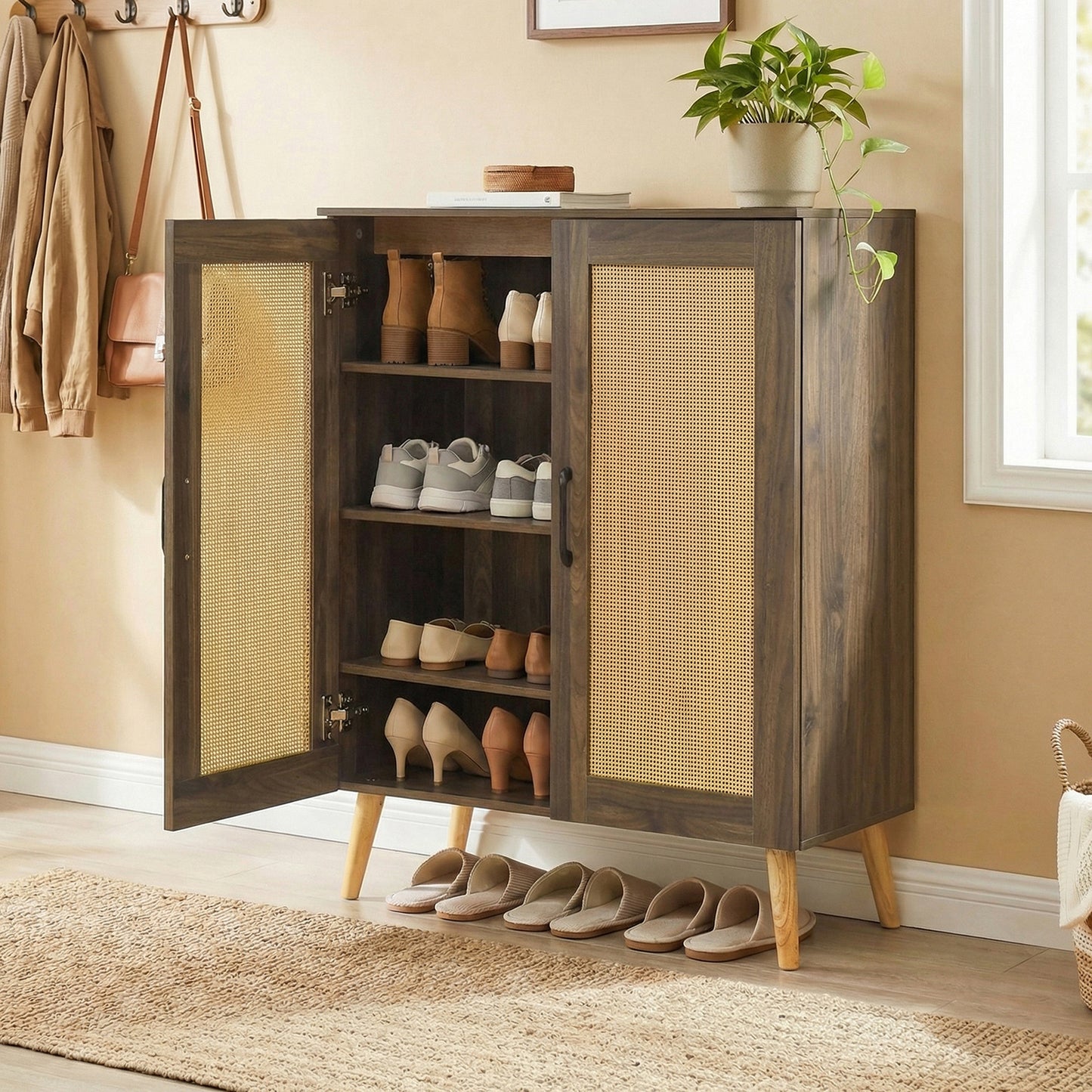 5-Tier Rattan Shoe Cabinewith 3 Removable Shelves, Walnut Shoe Racks & Storage Benches at Gallery Canada