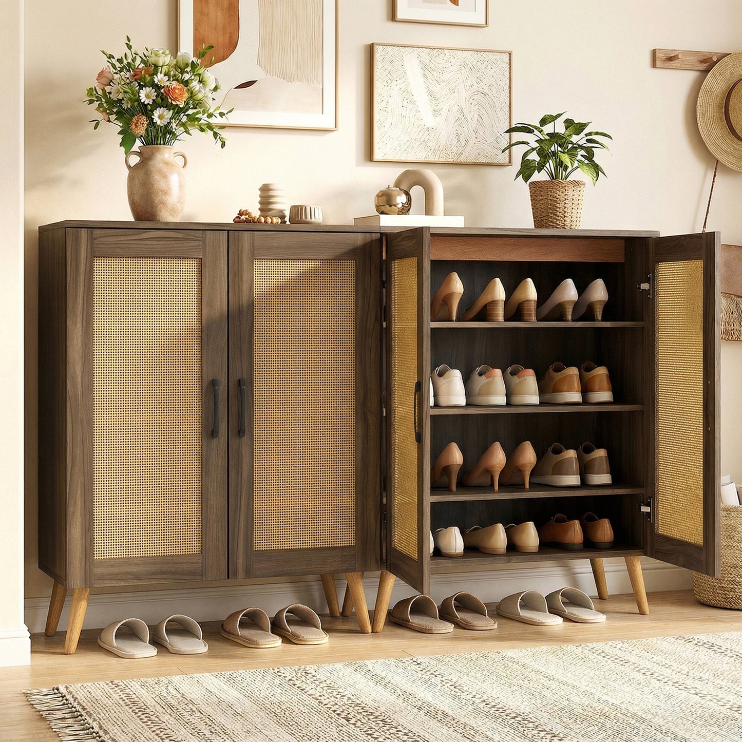 5-Tier Rattan Shoe Cabinewith 3 Removable Shelves, Walnut Shoe Racks & Storage Benches at Gallery Canada