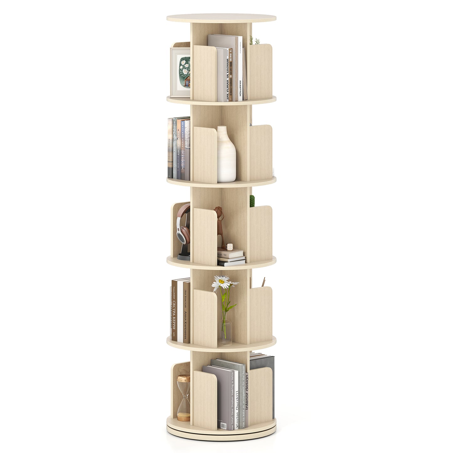 5-Tier Rotating Bookshelf 360° Display Rack with Dividers and Anti-falling Baffles, Natural Bookcases Natural at Gallery Canada