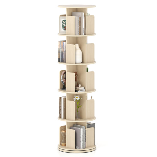 5-Tier Rotating Bookshelf 360° Display Rack with Dividers and Anti-falling Baffles, Natural