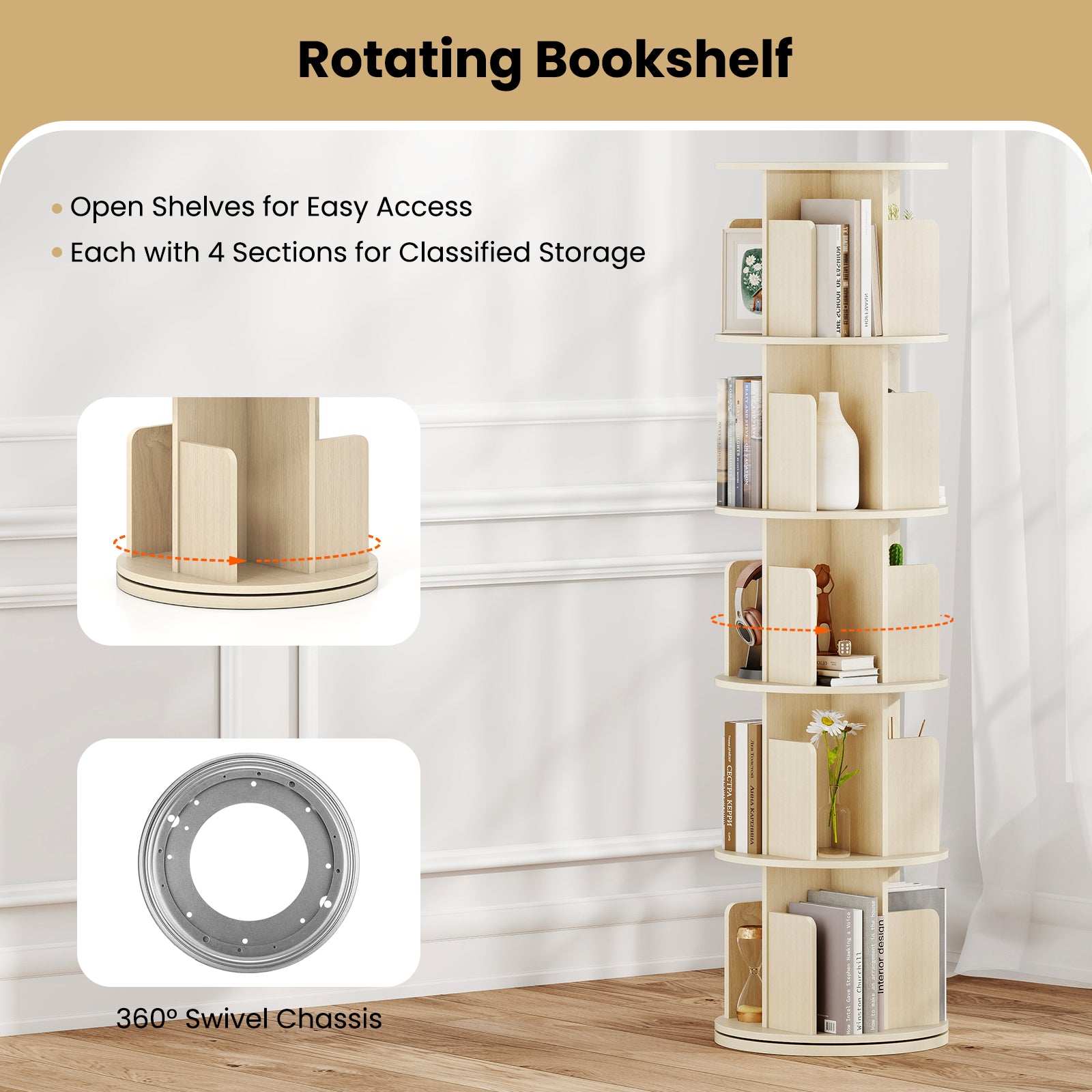 5-Tier Rotating Bookshelf 360° Display Rack with Dividers and Anti-falling Baffles, Natural Bookcases at Gallery Canada