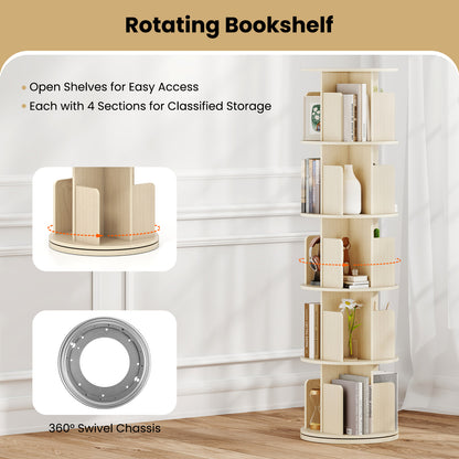 5-Tier Rotating Bookshelf 360° Display Rack with Dividers and Anti-falling Baffles, Natural Bookcases at Gallery Canada