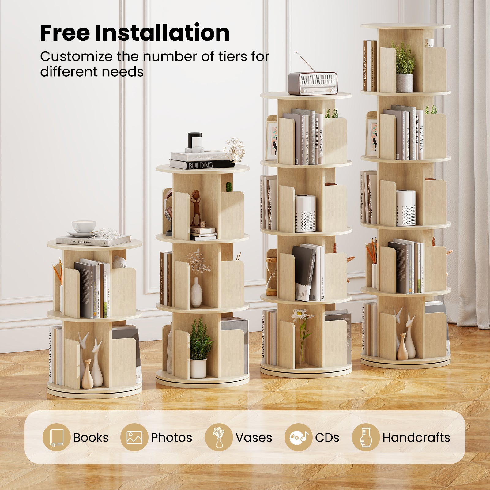 5-Tier Rotating Bookshelf 360° Display Rack with Dividers and Anti-falling Baffles, Natural Bookcases at Gallery Canada