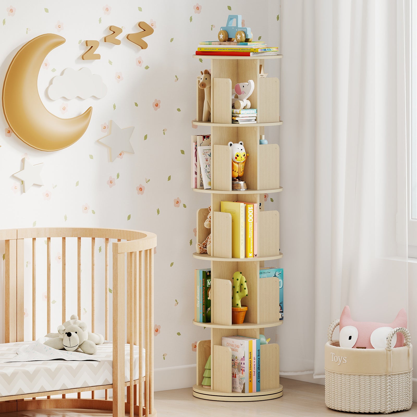 5-Tier Rotating Bookshelf 360° Display Rack with Dividers and Anti-falling Baffles, Natural Bookcases at Gallery Canada