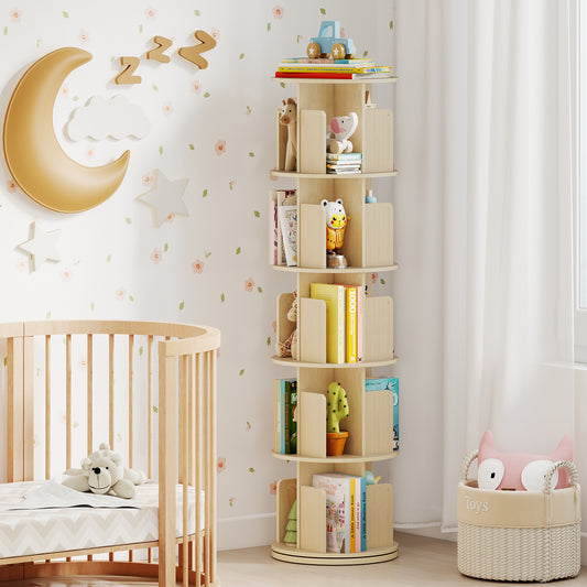 5-Tier Rotating Bookshelf 360° Display Rack with Dividers and Anti-falling Baffles, Natural Bookcases Natural at Gallery Canada