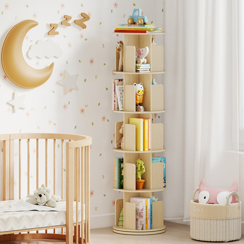 5-Tier Rotating Bookshelf 360° Display Rack with Dividers and Anti-falling Baffles, Natural