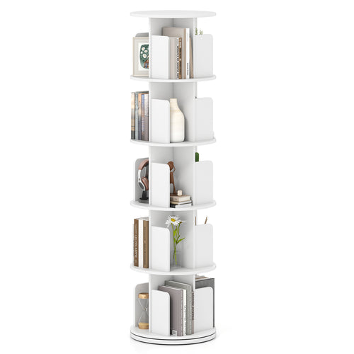5-Tier Rotating Bookshelf 360° Display Rack with Dividers and Anti-falling Baffles, White