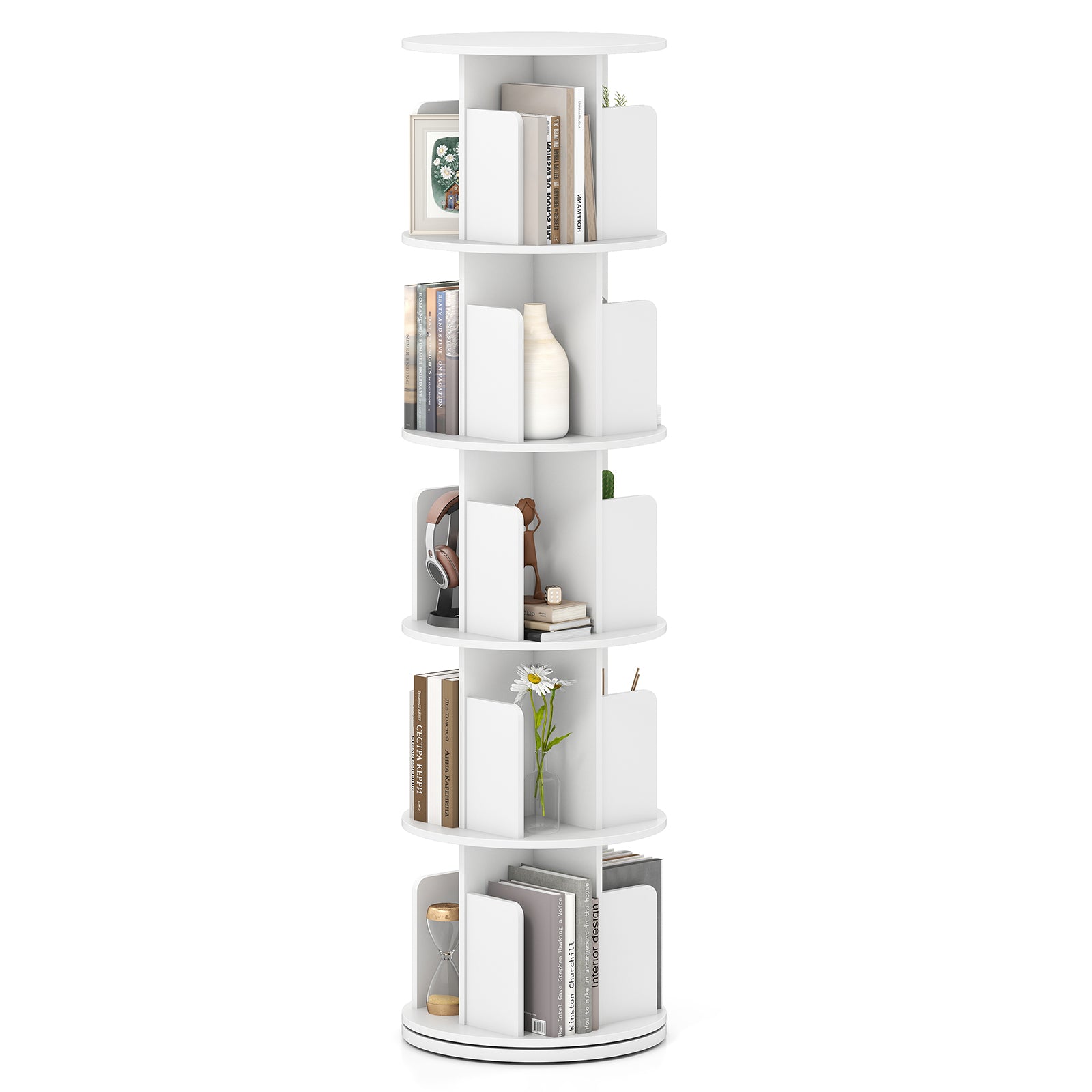 5-Tier Rotating Bookshelf 360° Display Rack with Dividers and Anti-falling Baffles, White Bookcases at Gallery Canada