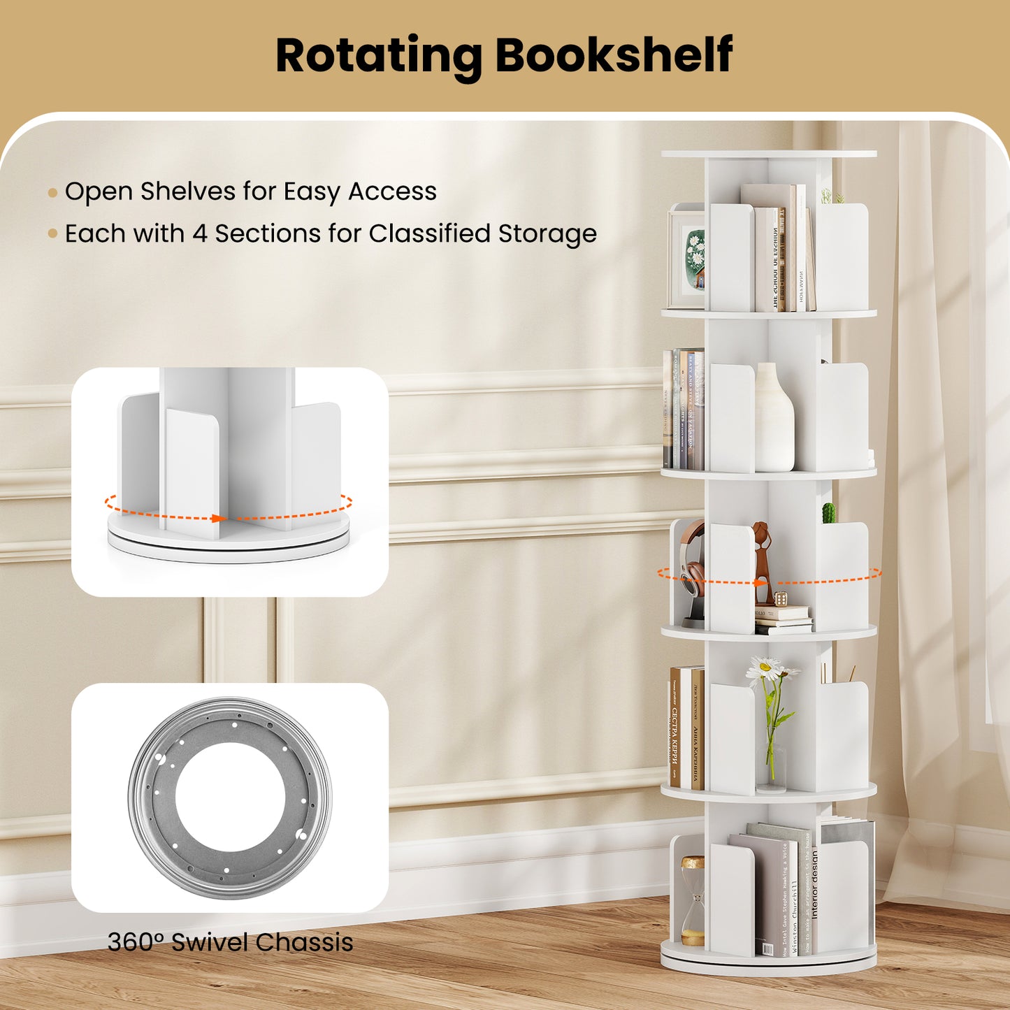 5-Tier Rotating Bookshelf 360° Display Rack with Dividers and Anti-falling Baffles, White Bookcases at Gallery Canada