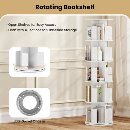 5-Tier Rotating Bookshelf 360° Display Rack with Dividers and Anti-falling Baffles, White Bookcases at Gallery Canada
