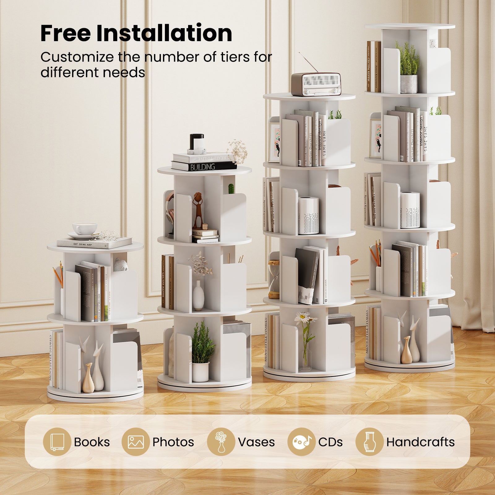 5-Tier Rotating Bookshelf 360° Display Rack with Dividers and Anti-falling Baffles, White Bookcases at Gallery Canada
