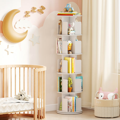 5-Tier Rotating Bookshelf 360° Display Rack with Dividers and Anti-falling Baffles, White