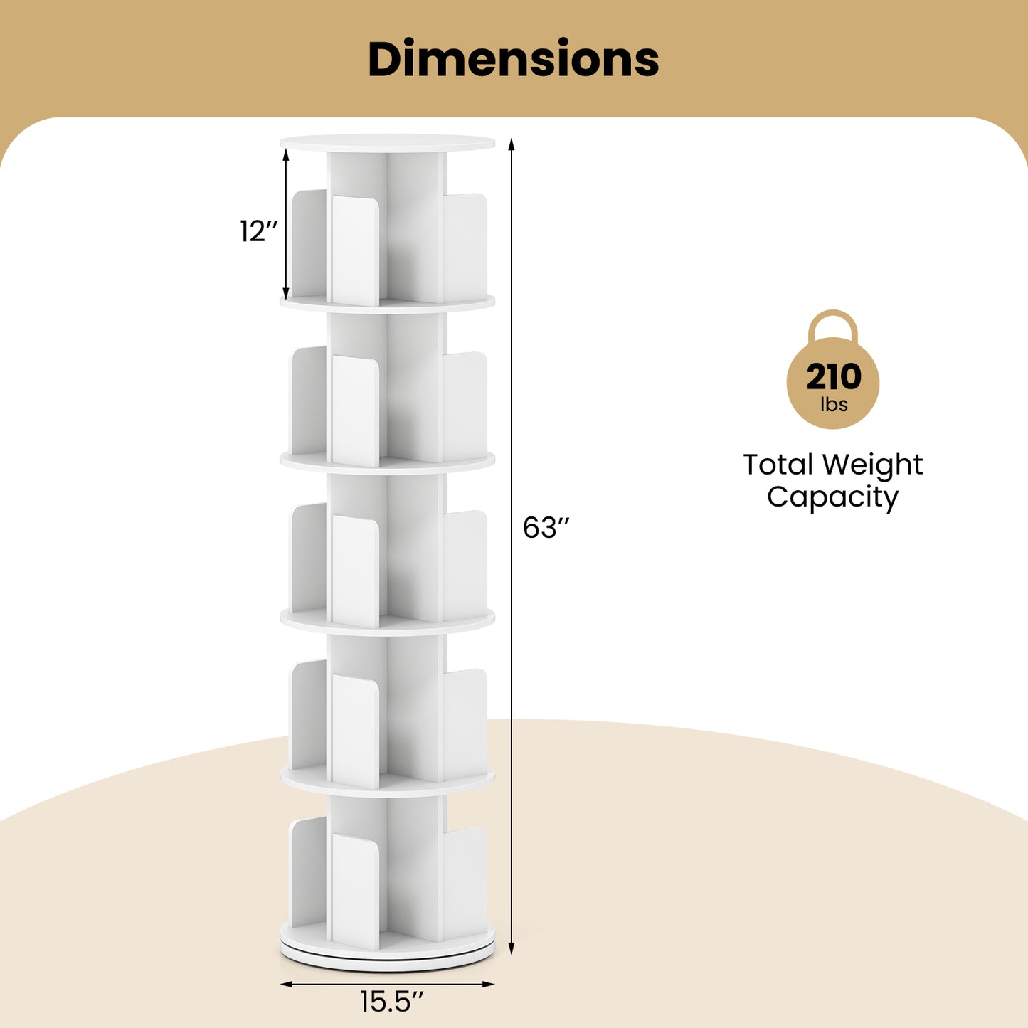 5-Tier Rotating Bookshelf 360° Display Rack with Dividers and Anti-falling Baffles, White Bookcases at Gallery Canada