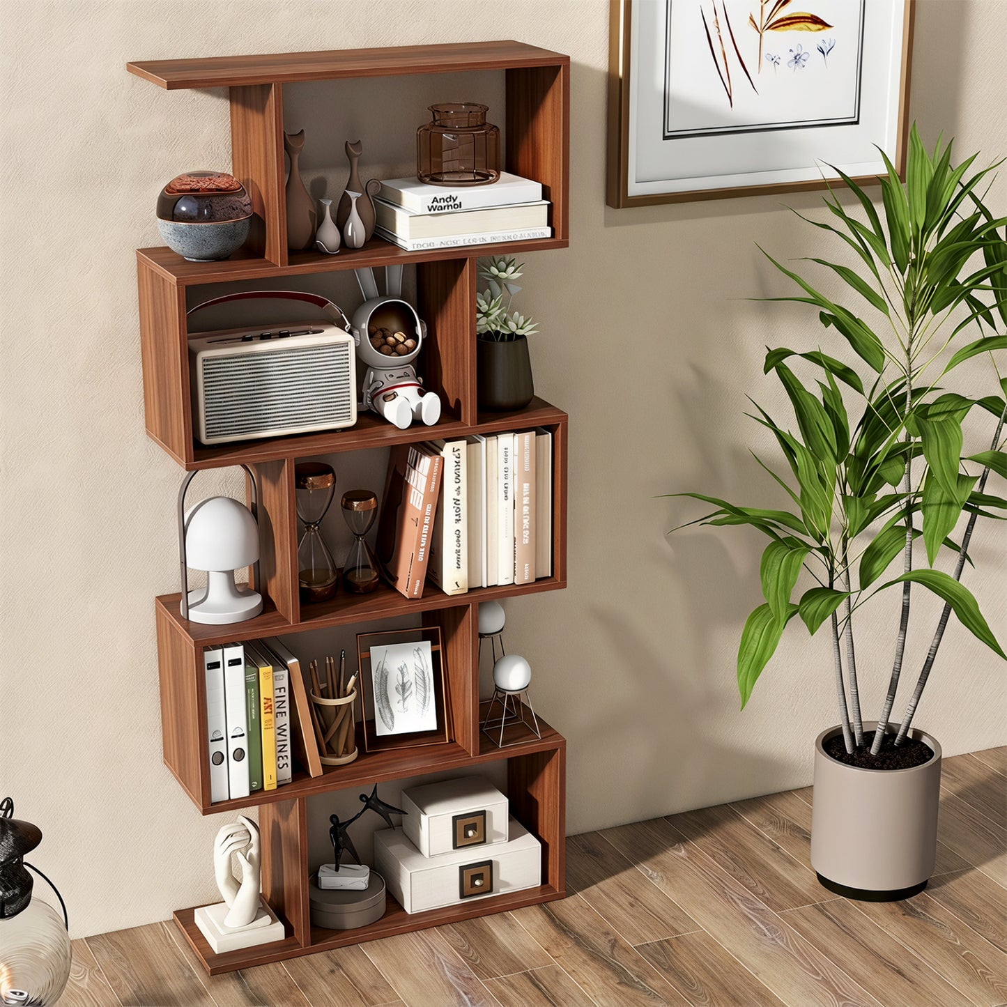 Étagère à livres en forme de S à 5 niveaux avec kit anti-basculement, noyer