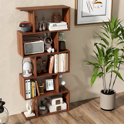 Étagère à livres en forme de S à 5 niveaux avec kit anti-basculement, noyer