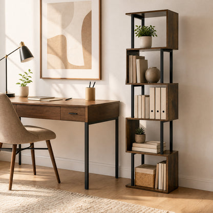 Étagère à livres en forme de S à 5 niveaux avec cubes ouverts, brun rustique