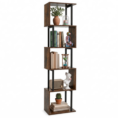 Étagère à livres en forme de S à 5 niveaux avec cubes ouverts, brun rustique