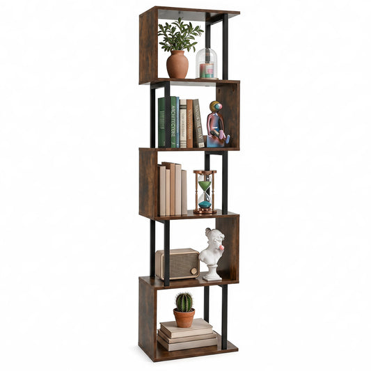 5-Tier S-Shaped Bookshelf with Open Cubes, Rustic Brown Bookcases Rustic Brown at Gallery Canada