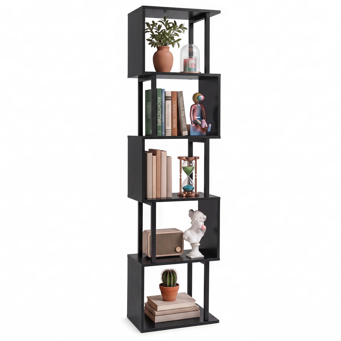 Bibliothèque en forme de S à 5 niveaux, cubes ouverts, anti-basculement, noire
