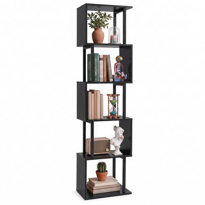 Bibliothèque en forme de S à 5 niveaux, cubes ouverts, anti-basculement, noire