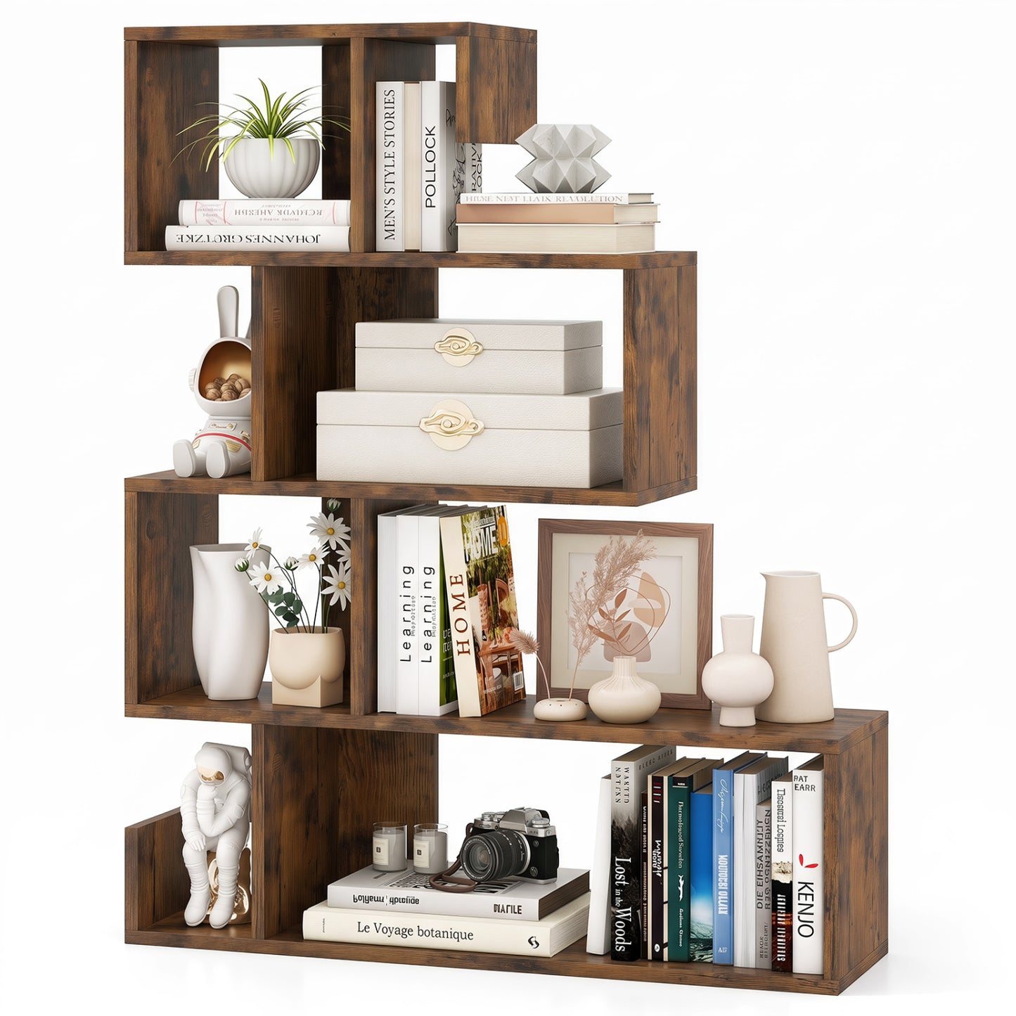 Bibliothèque en S à 5 étages, cubes ouverts, brun rustique