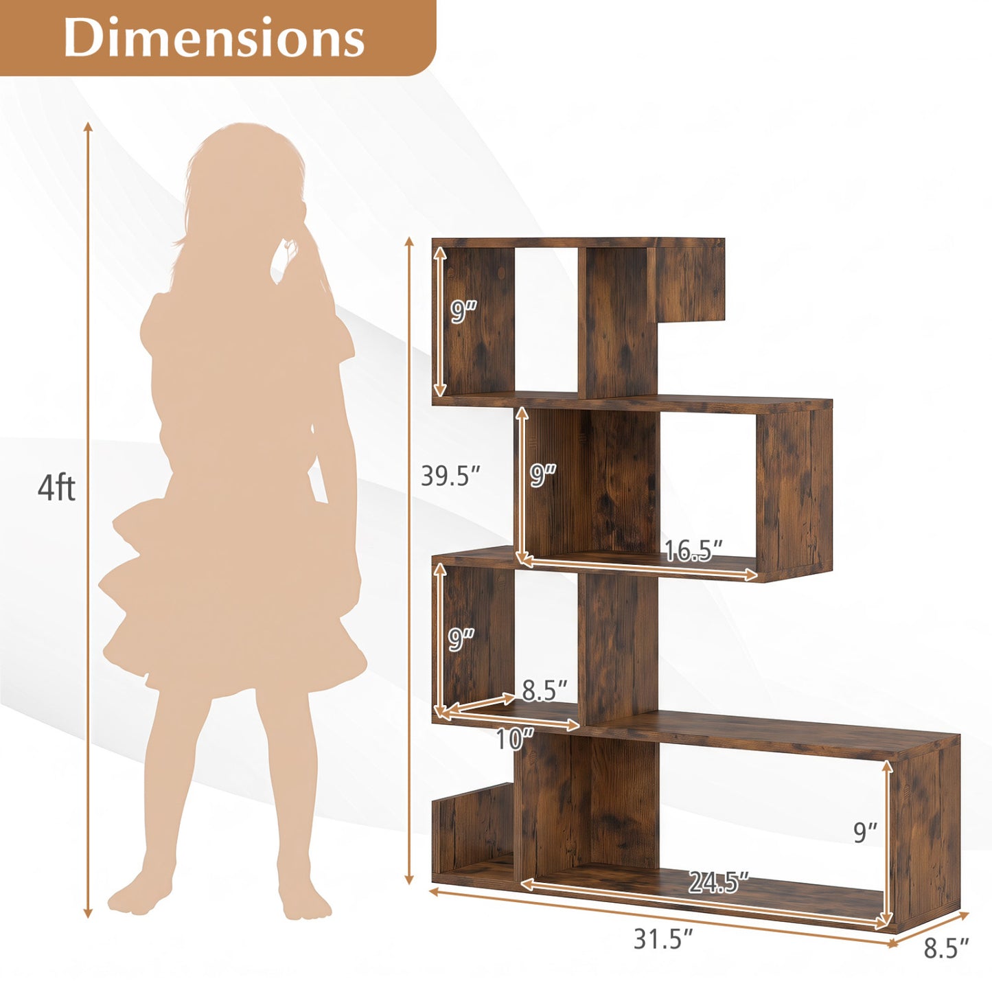Bibliothèque en S à 5 étages, cubes ouverts, brun rustique