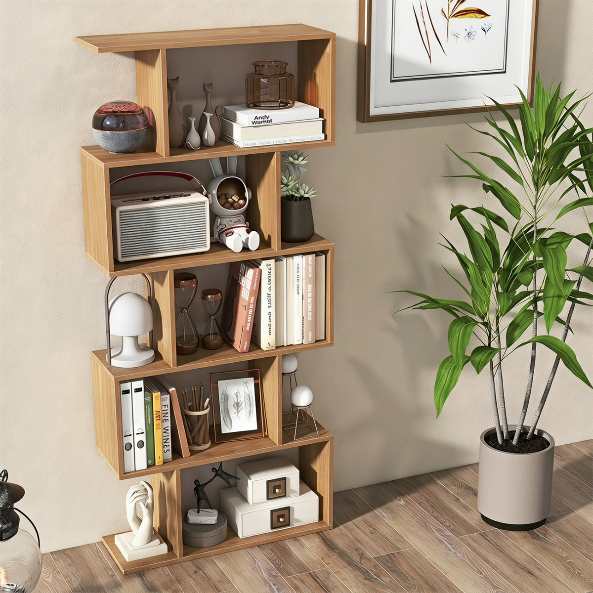 Étagère à livres en forme de S à 5 niveaux avec kit anti-basculement, Naturel
