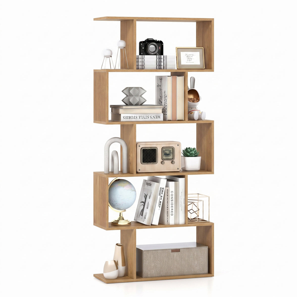Étagère à livres en forme de S à 5 niveaux avec kit anti-basculement, Naturel