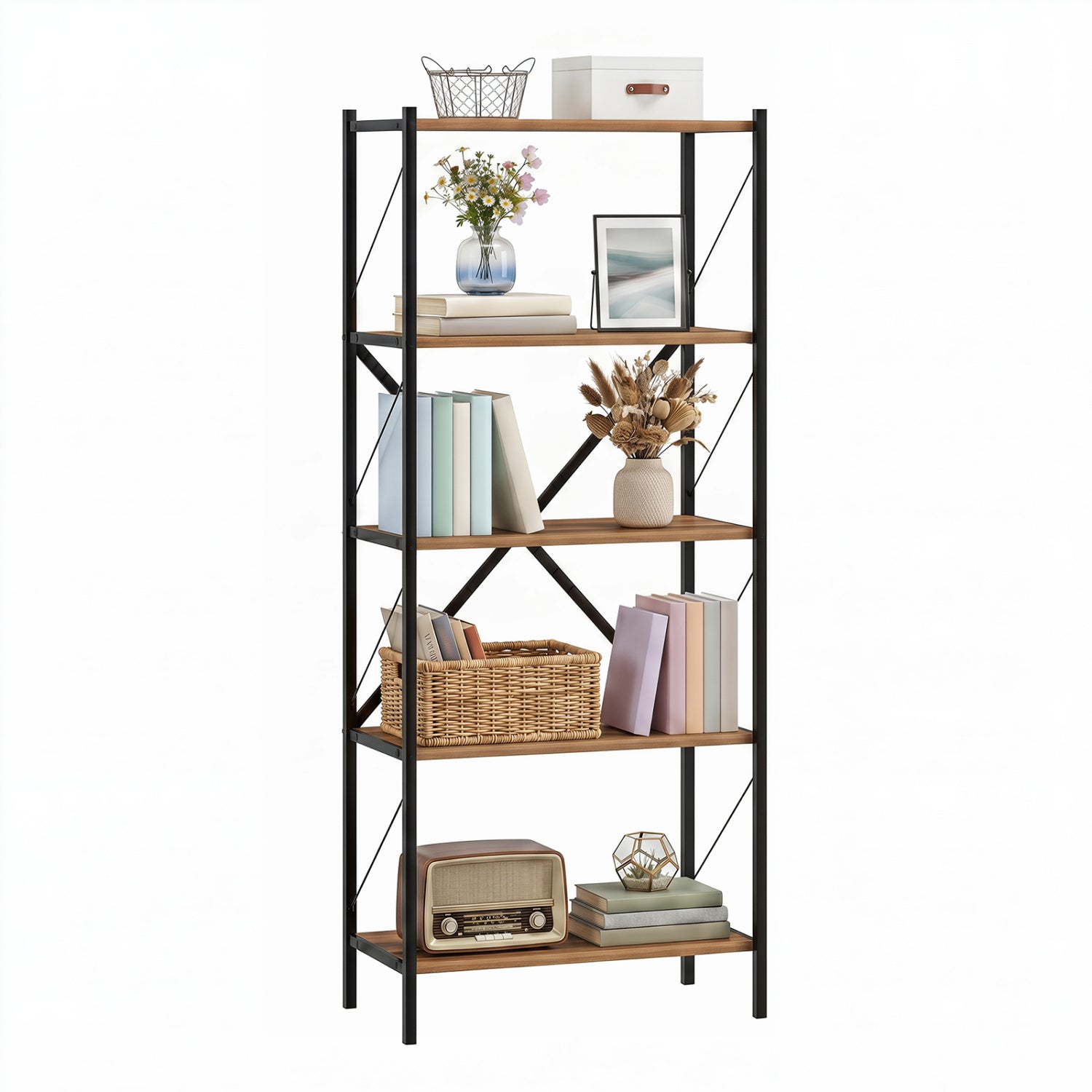 5-Tier Tall Bookshelf Industrial Bookcase with Heavy-Duty Metal Frame Modern Storage, Walnut Bookcases at Gallery Canada