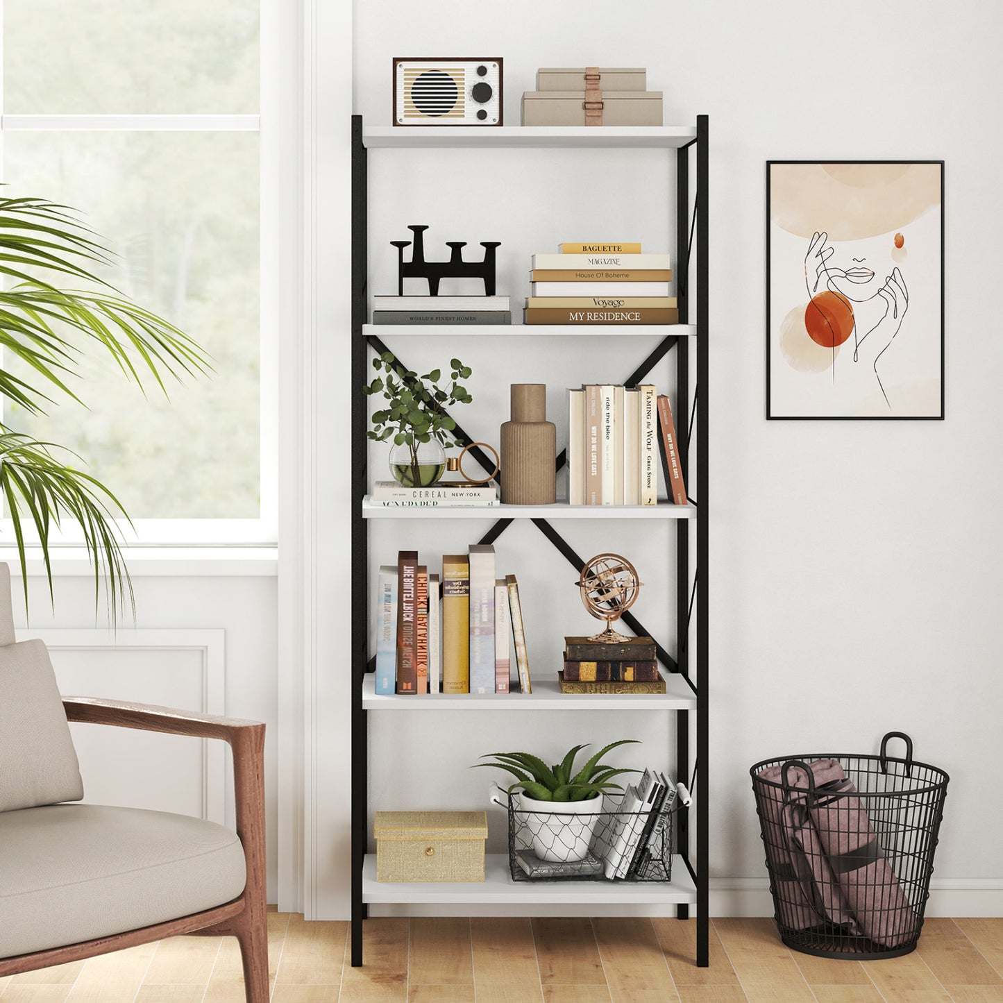 5-Tier Tall Bookshelf Industrial Bookcase with Heavy-Duty Metal Frame Modern Storage, White Bookcases at Gallery Canada